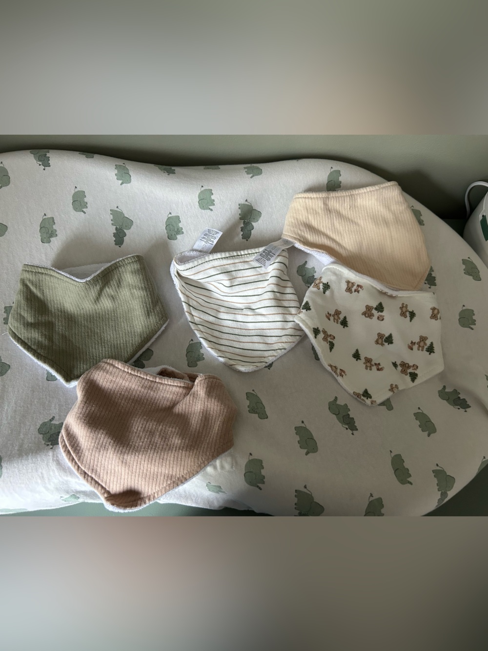 Cotton Ribbed & Printed Baby Bib Set - Neutral Greens, Beige & Cream